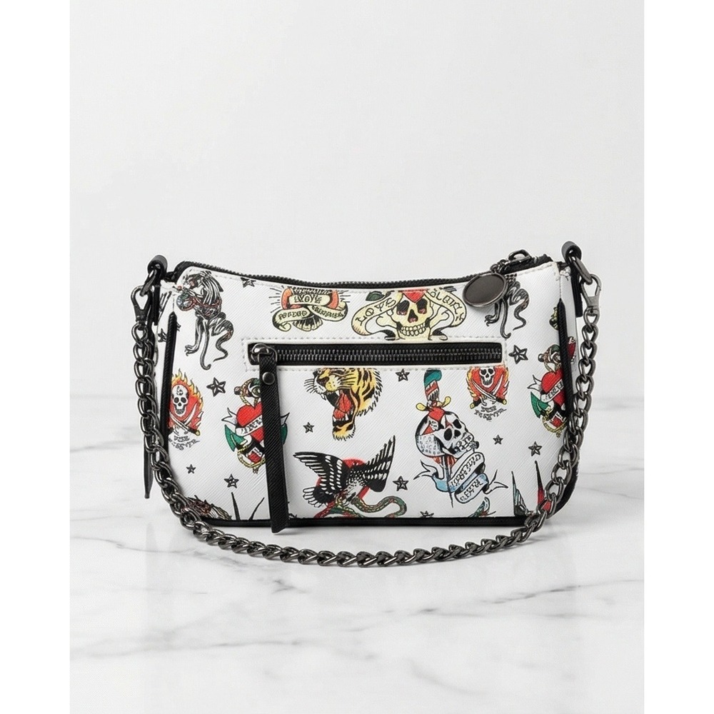 Ed Hardy‎ Tattoo Print Crossbody Bag White Vegan Leather Skull 9.5"x5"x3" NWT